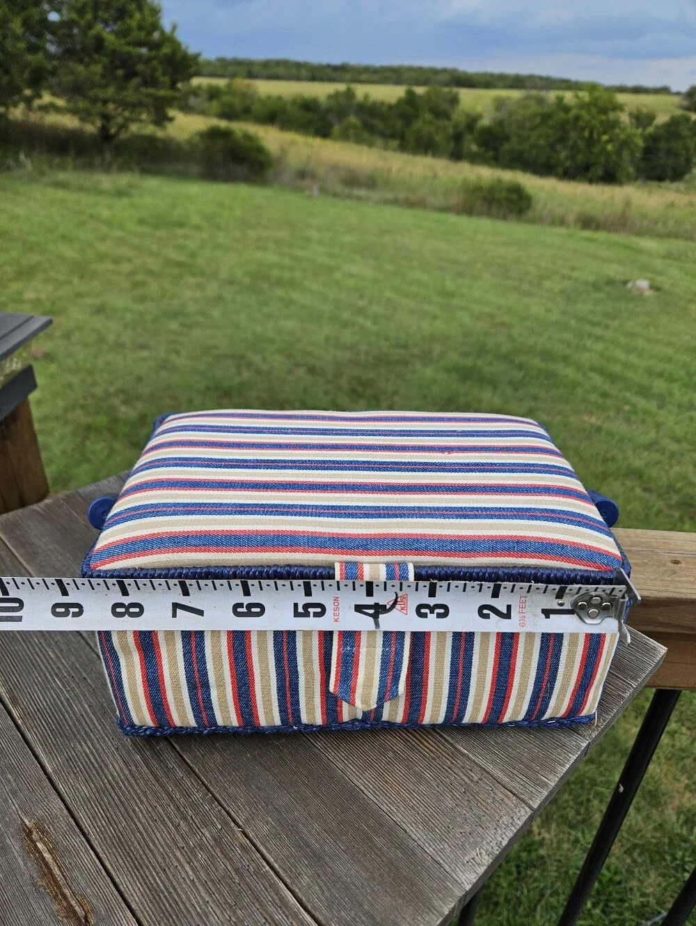 Vtg Red White Blue Striped Fabric Sewing Basket Woven Craft Box Case W/ Tray